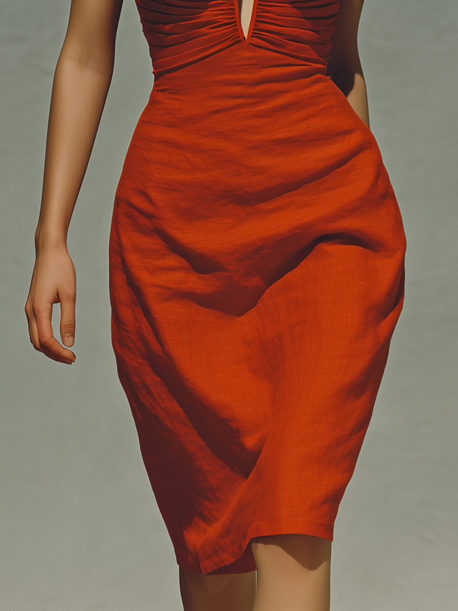 Women’s Retro Red Linen-Blend Halter Neck Keyhole Ruched Waist Bodycon Midi Dress