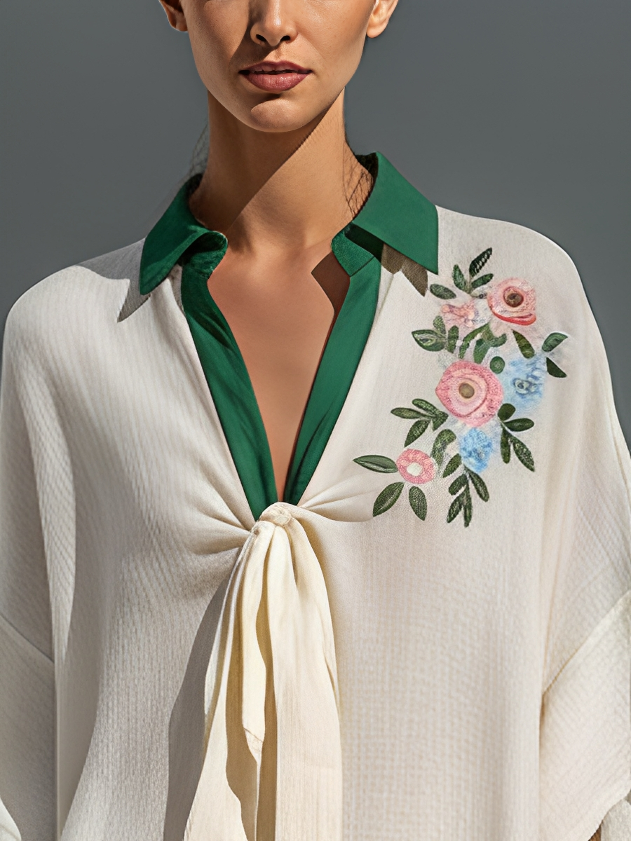 Women’s Off-White Linen-Blend Contrast Collar Floral Embroidered Tie-Neck Shift Mini Dress