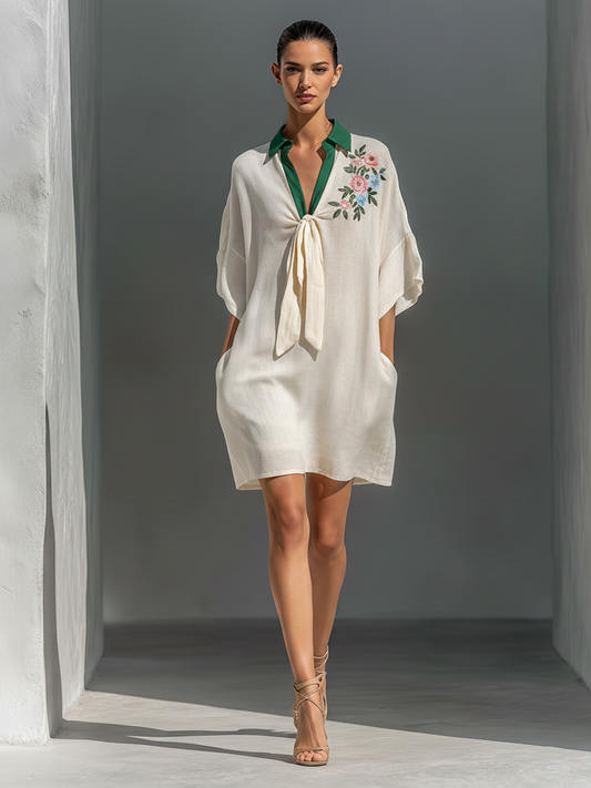Women’s Off-White Linen-Blend Contrast Collar Floral Embroidered Tie-Neck Shift Mini Dress