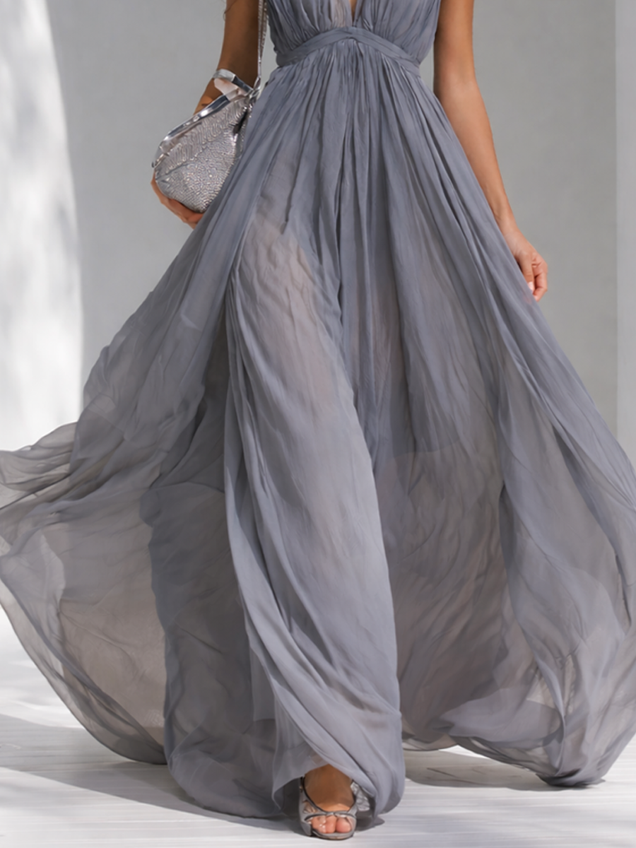 Women's Elegant Grey Chiffon V-Neck Halter Neck Flowy Long Dress