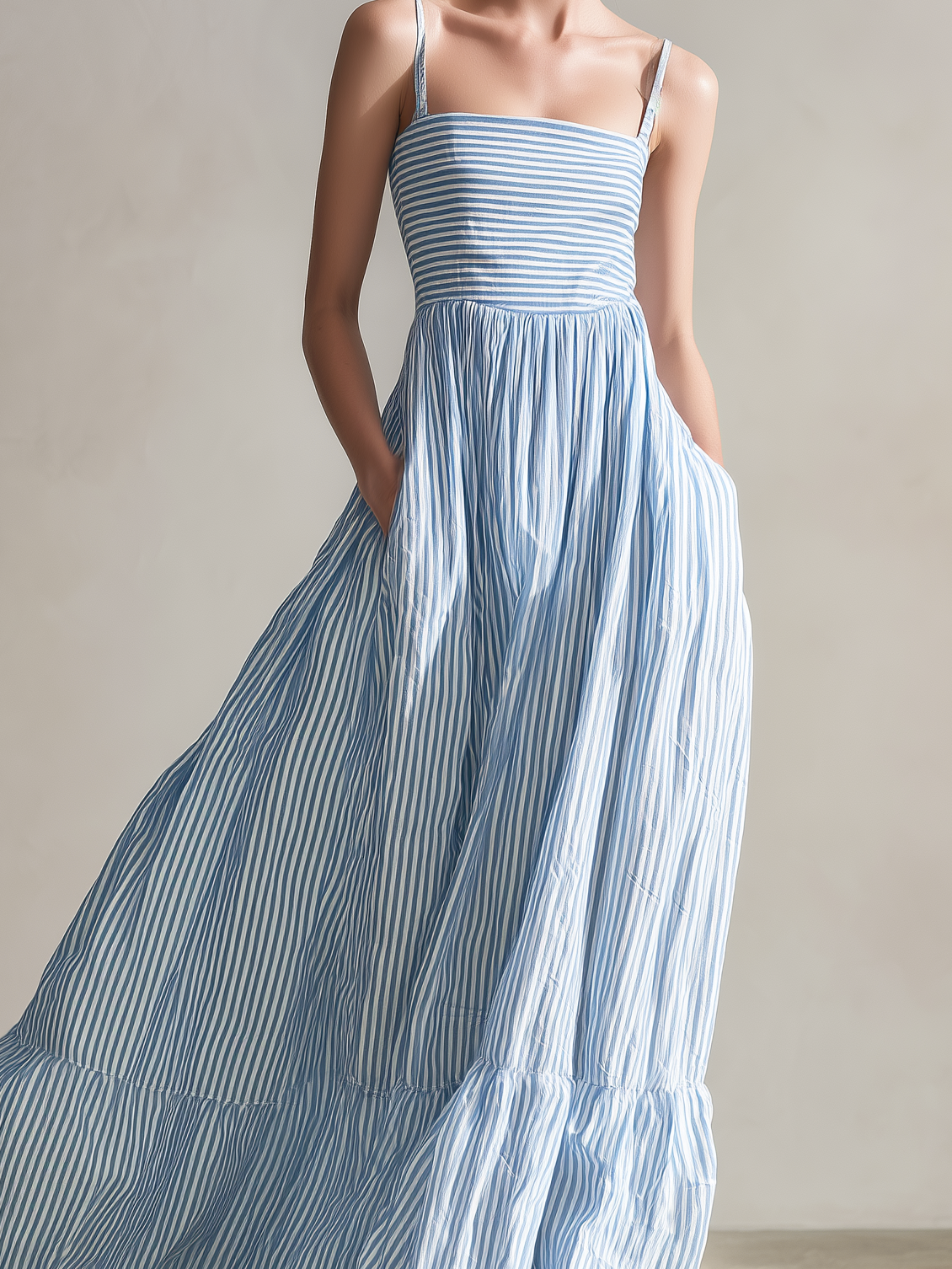 Women's Casual Light Blue Striped Woven Sleeveless Spaghetti-Strap Maxi Dress