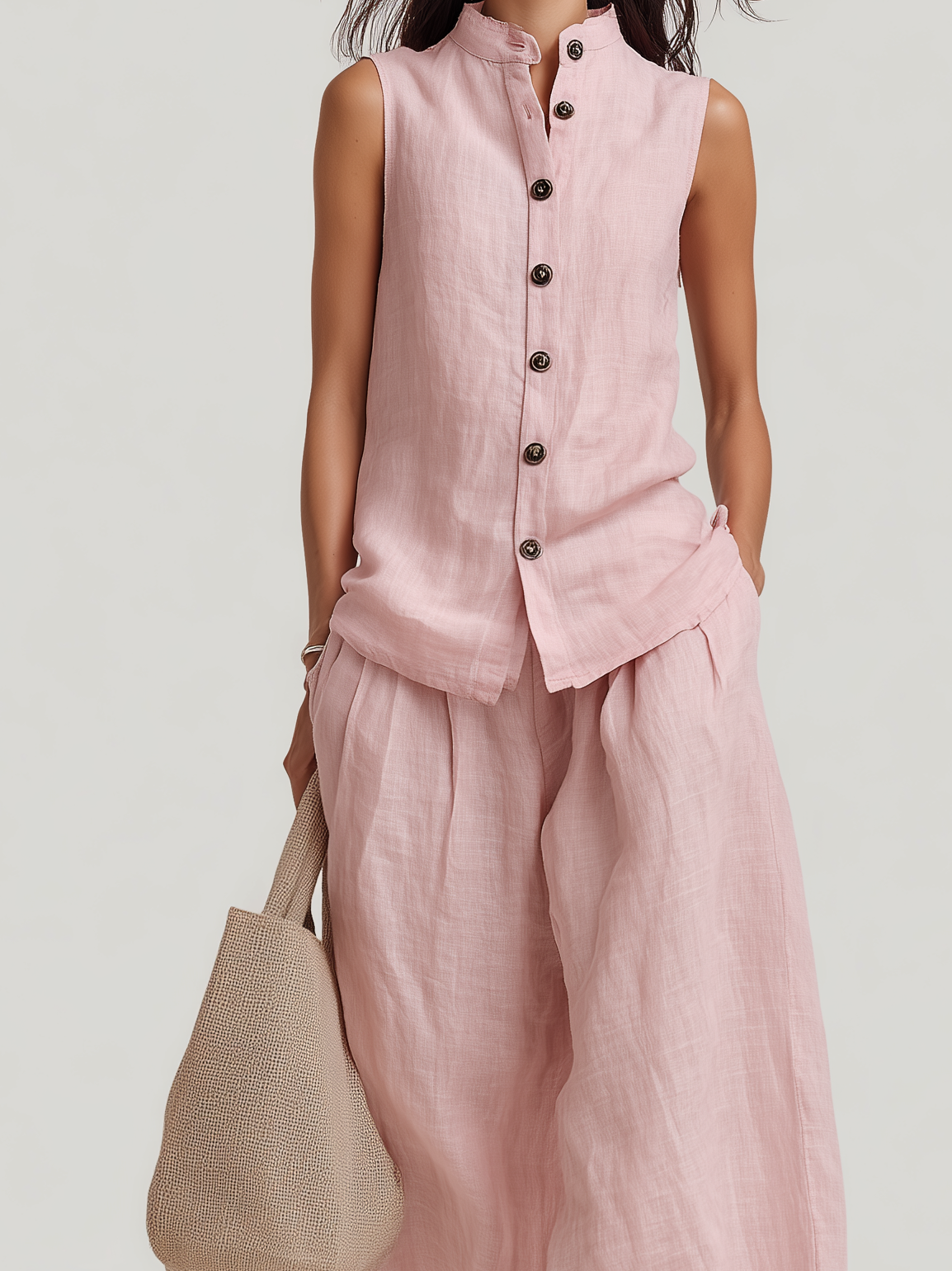 Women's Casual Light Pink Cotton-Linen Sleeveless Crew-Neck Top With Trousers
