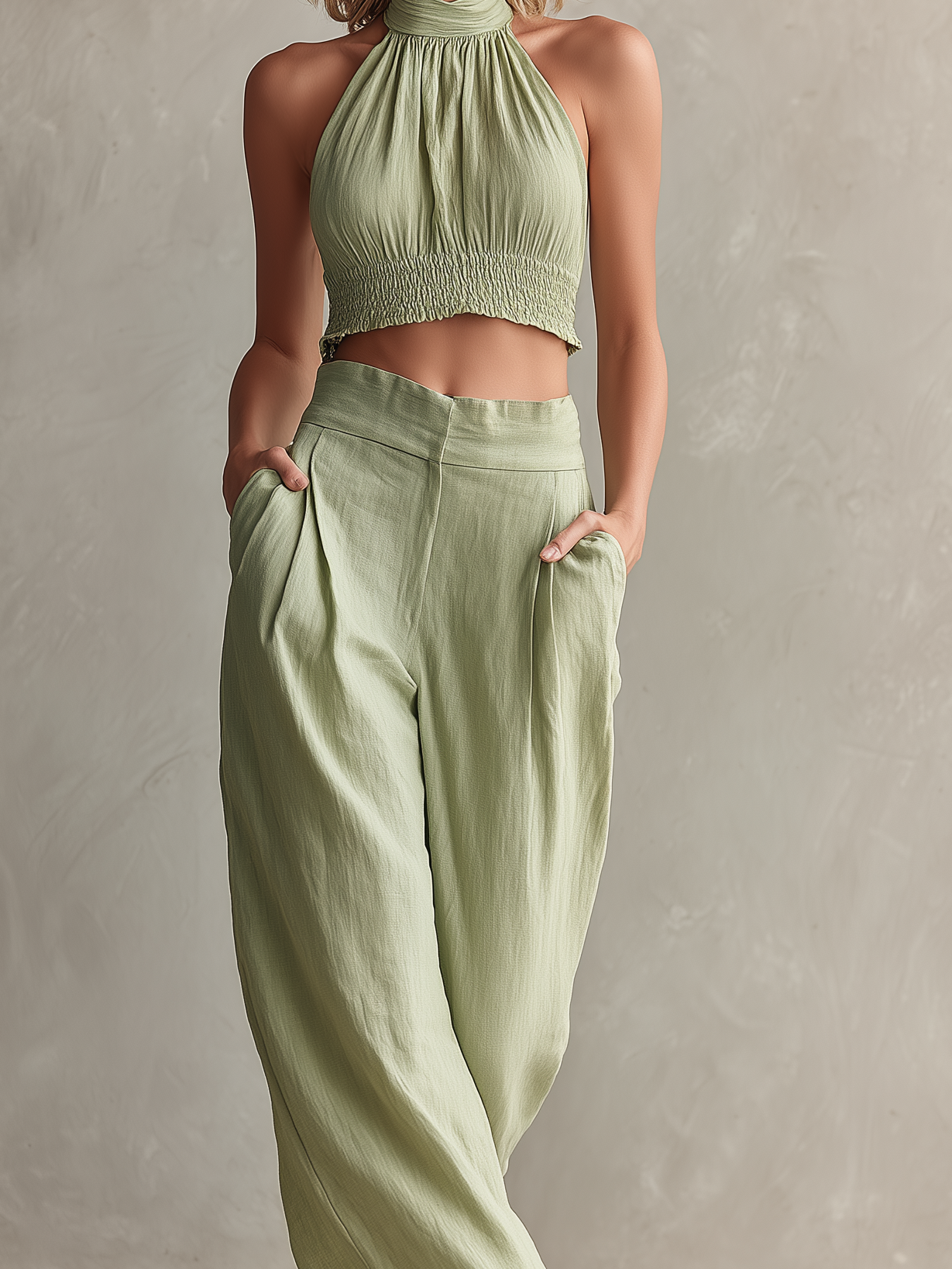 Women's Casual Light Green Cotton-Linen Halter-Neck Sleeveless Top With Trousers