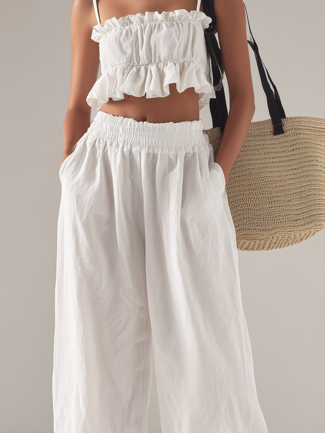 Women's Casual White Cotton-Linen Sleeveless Camisole Top Paired With Trousers