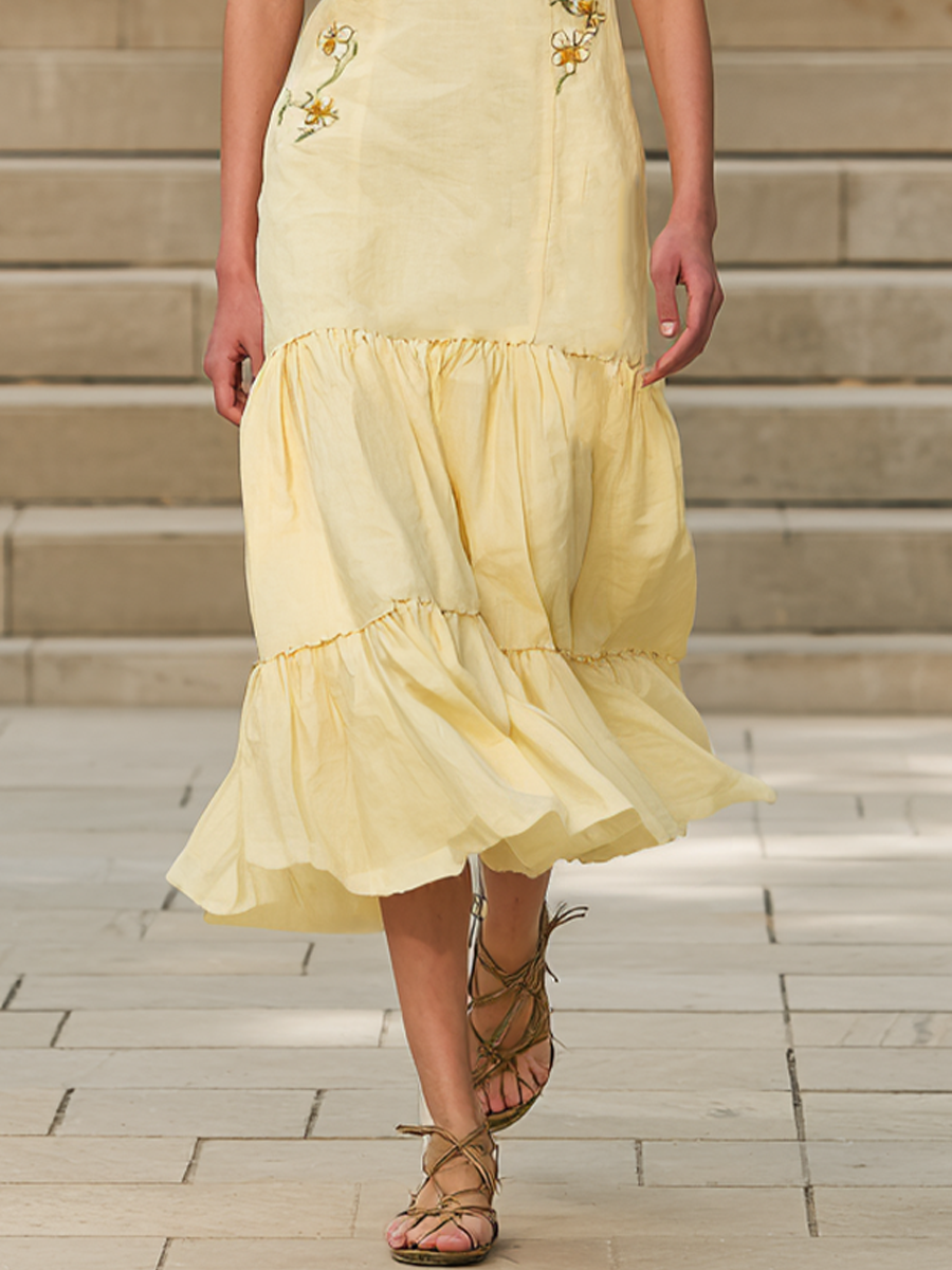 Women's Pastoral Pale Yellow Linen-Cotton Embroidered Square Neck Tiered Maxi Dress