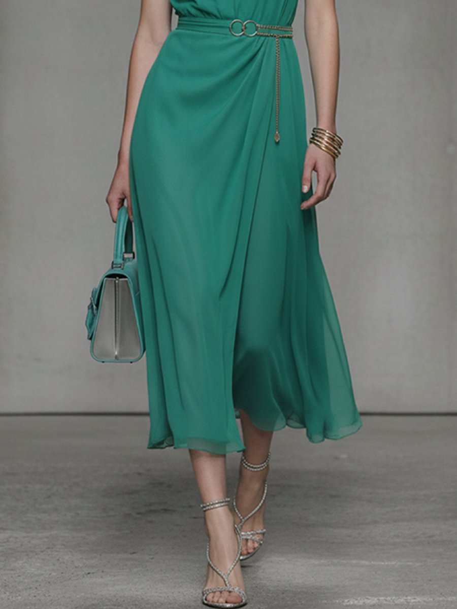 Women's Fashion Emerald Green Chiffon Sleeveless Midi Dress (Belt Not Included)