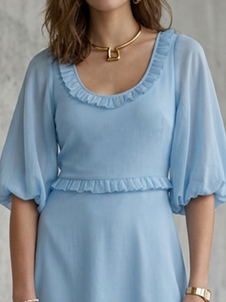 Women's Elegant Light Blue Chiffon Ruffled Puff Sleeve Fitted Waist Short Dress