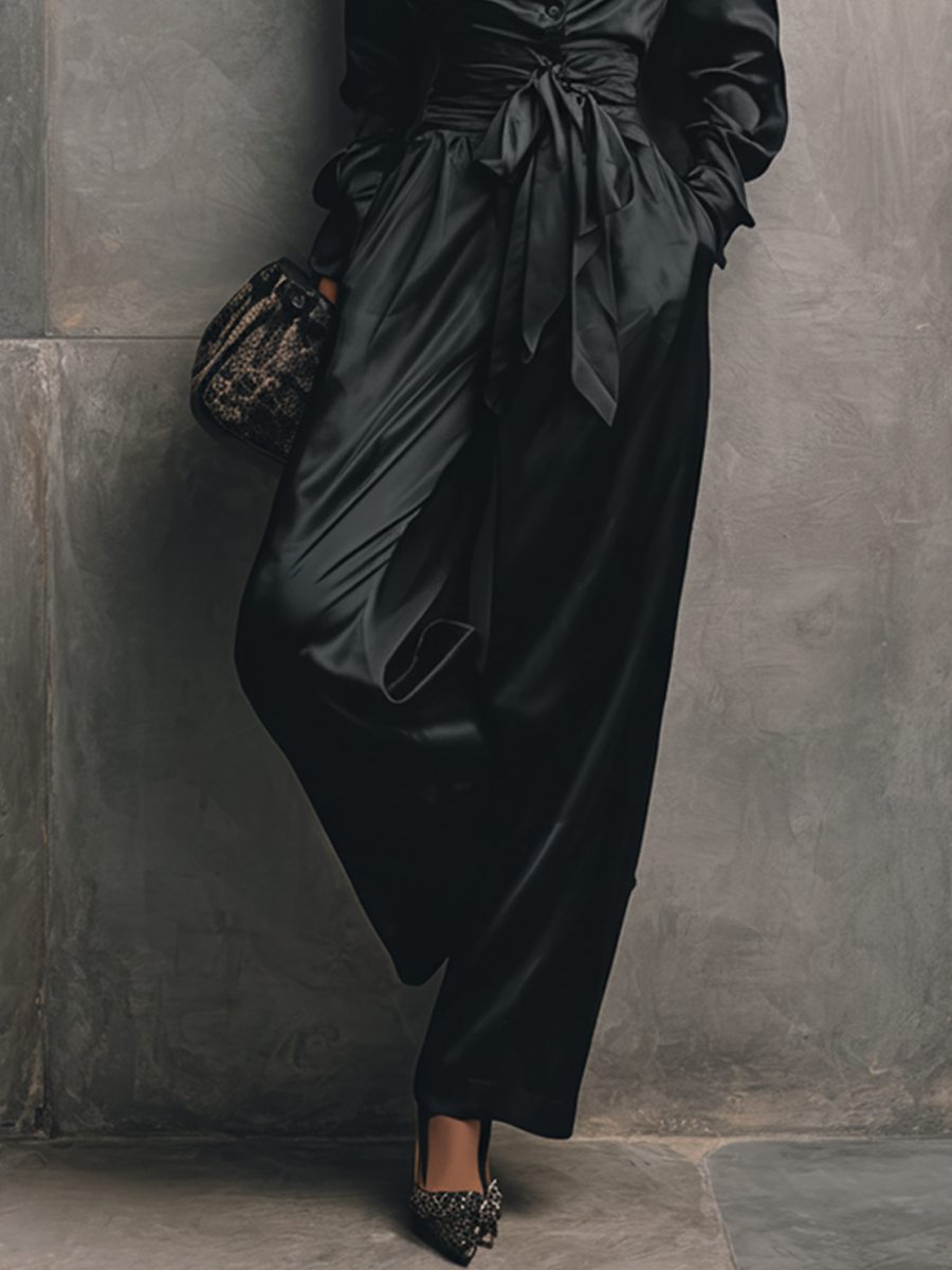 Women's Minimalist Black Satin V-Neck Fitted Waist Belted Wide-Leg Jumpsuit