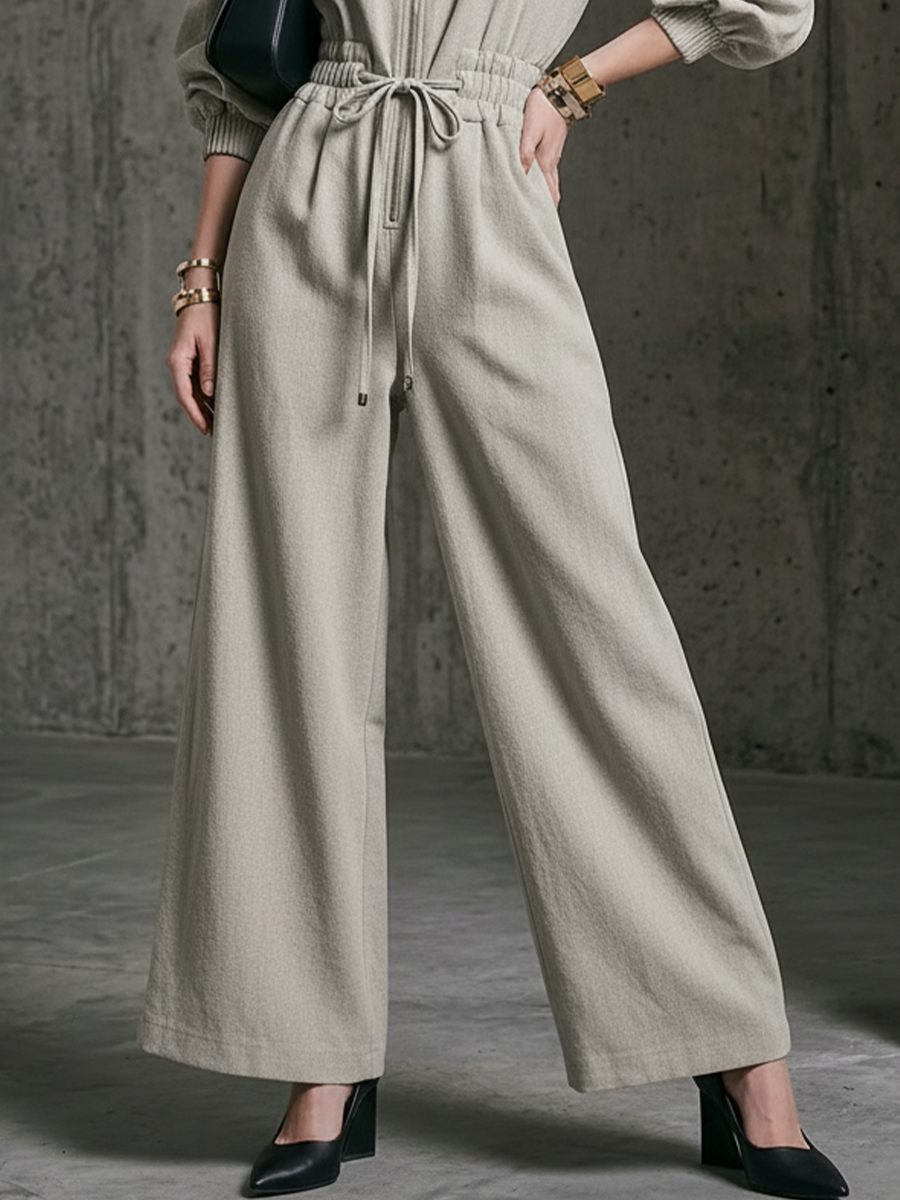 Women's Commuter Light Gray Linen-Cotton Zip-Up Waisted Wide-Leg Jumpsuit
