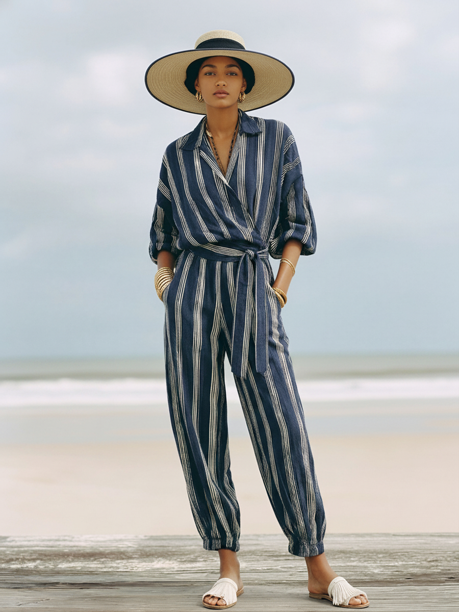 Women's Vacation Navy Blue Linen-Cotton Striped Collared Waisted Cuffed Jumpsuit