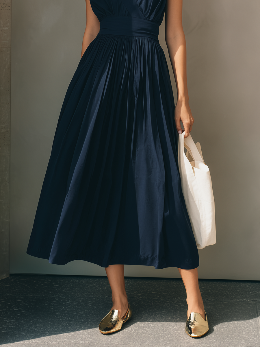 Women's Modern Minimalist French-Style Elegant Dress — V-Neck, X-Silhouette, Cinched Waist, Deep Navy Blue