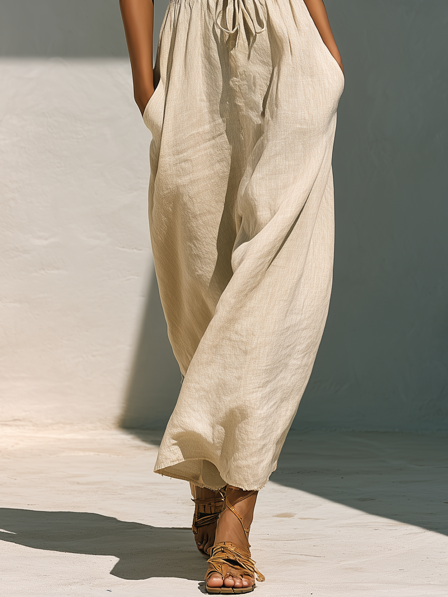 Women’s Beige Linen-Blend Square Neck Puff Sleeve Smocked Waist Maxi Dress With Pockets