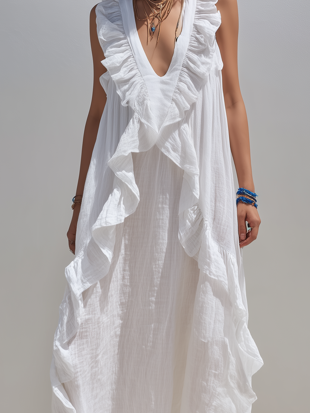 Women's Casual White Cotton-Linen V-Neck Sleeveless Ruffled Maxi Dress