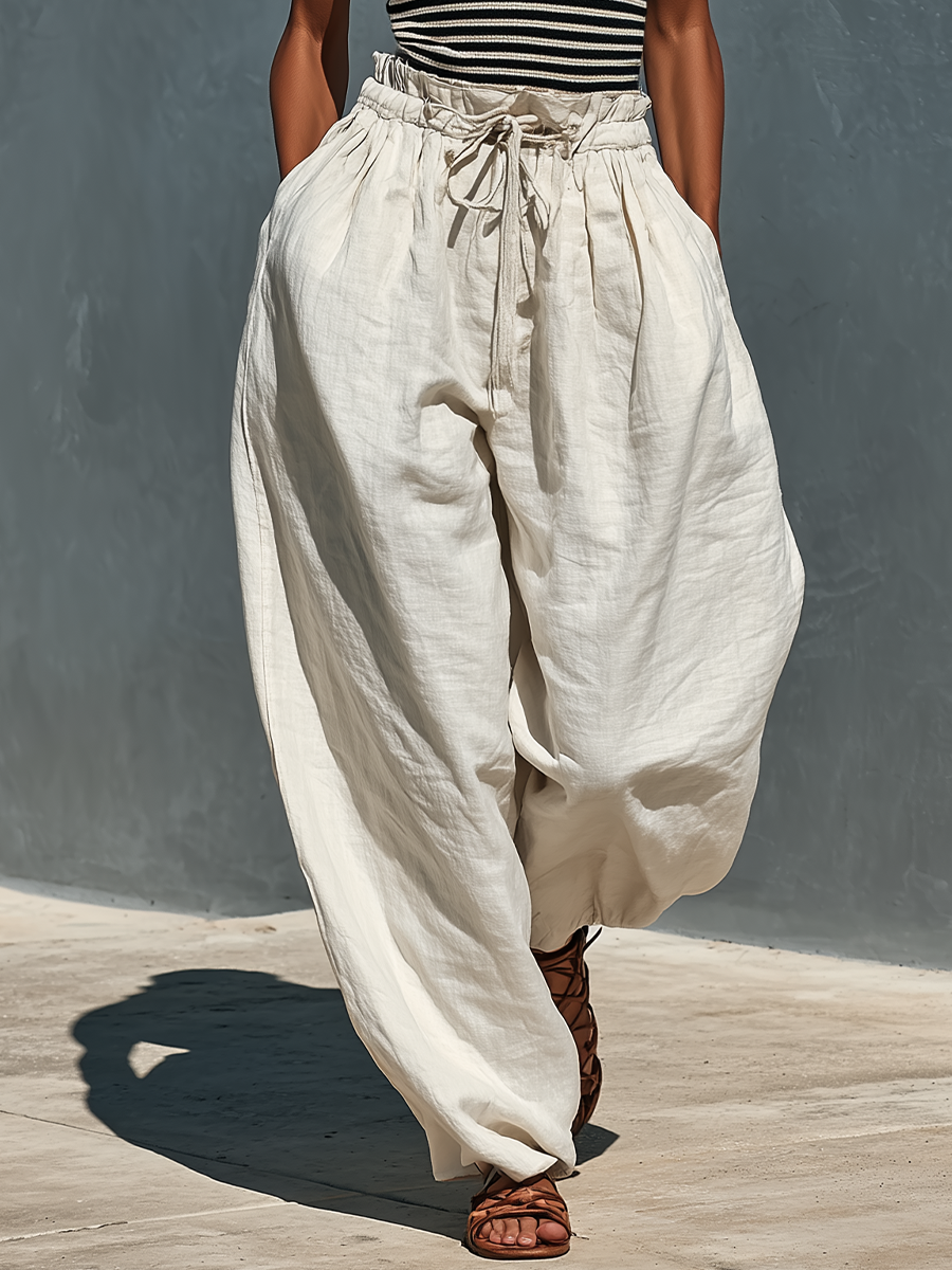 Women’s Black & White Striped Ribbed Knit Halter Top & Beige Linen Drawstring Wide-Leg Pants Two-Piece Set With Pockets