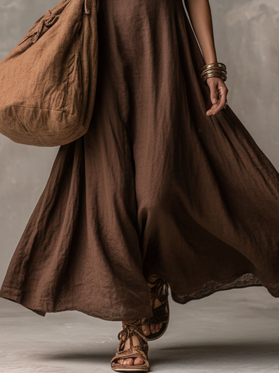 Women's Bohemian Dark Brown Linen-Cotton Cowl Neck Sleeveless Flowy Maxi Dress