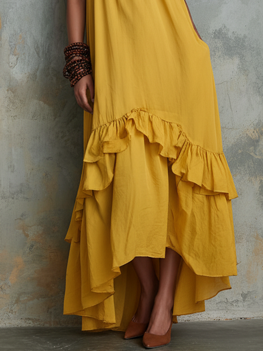 Women’s Resort Style Ginger Yellow Cotton Linen One-Shoulder Ruffled Irregular Long Dress