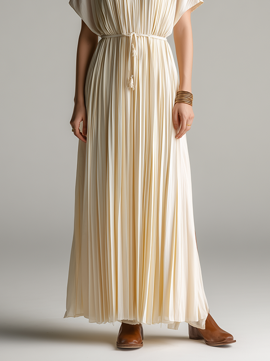 Women's Minimalist & Elegant Pleated Maxi Dress — Off-White, Short Sleeve