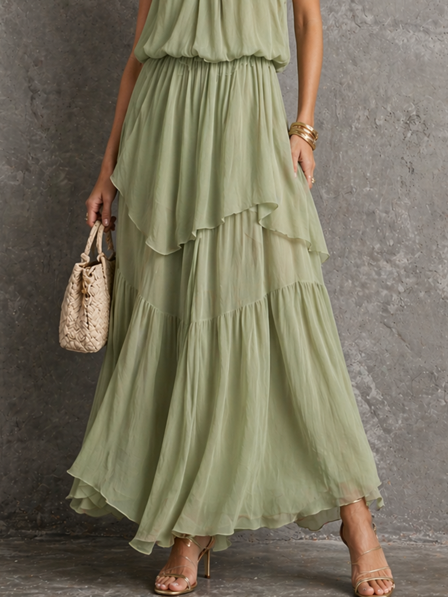 Women's Romantic Sage Green Chiffon Halter Waisted Tiered Maxi Dress