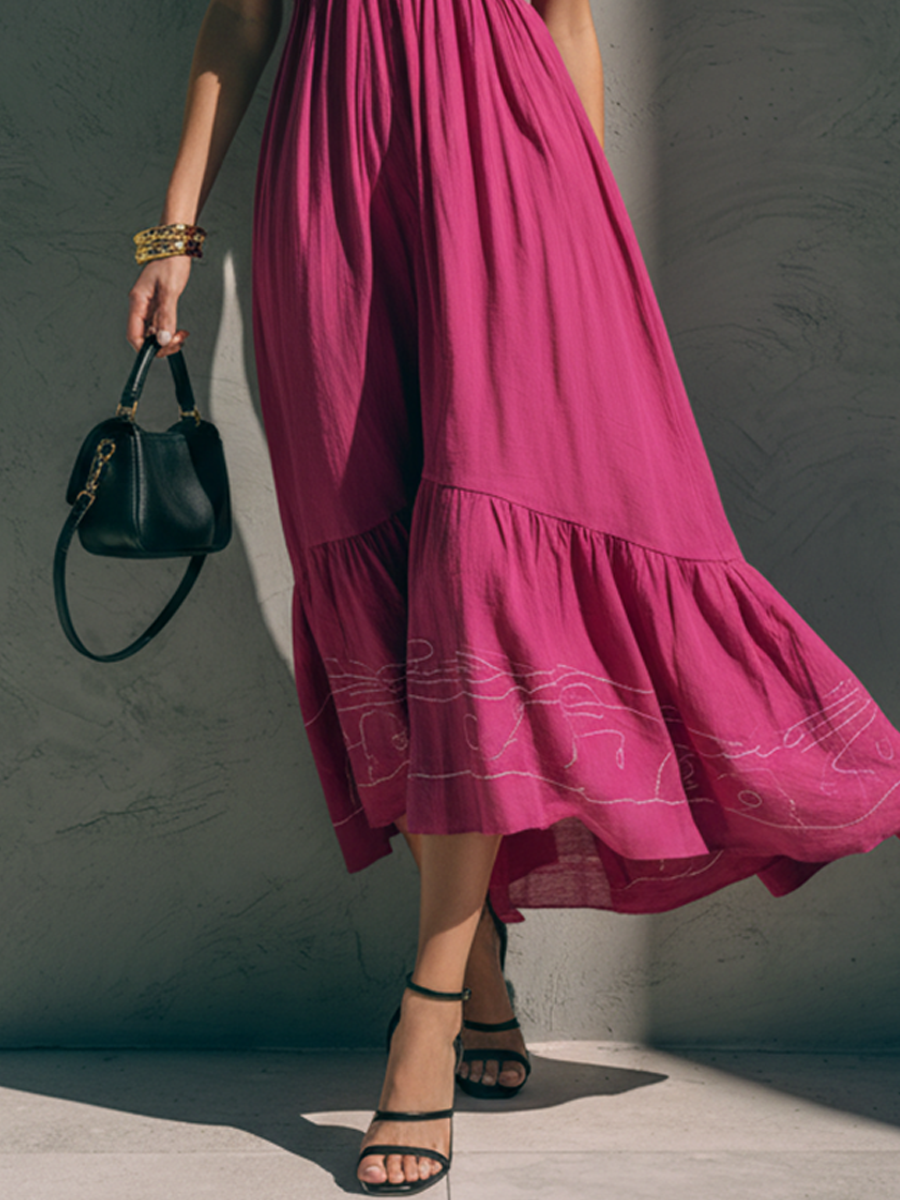 Women's Fashionable Rose Red Cotton Linen Camisole Embroidered V-Neck Midi Dress