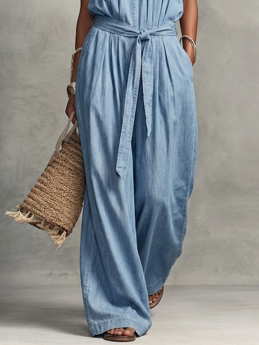 Women's Casual Light Blue Denim-Look Halter V-Neck Tie-Waist Wide-Leg Jumpsuit