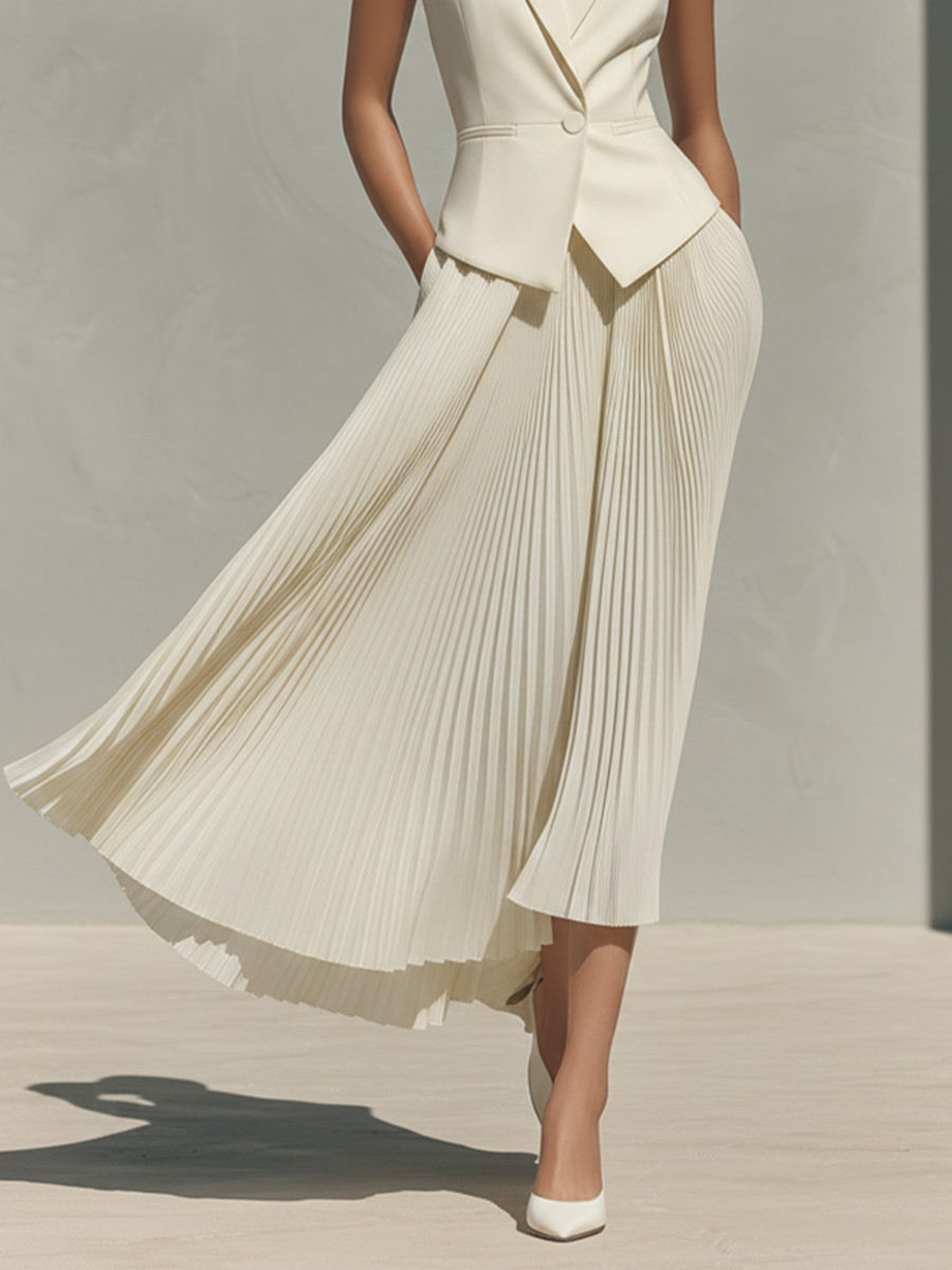 Women's Ivory Tailored Two-Piece Set With Blazer Vest & Pleated Midi Skirt, Timeless Sophisticated-Chic Formal Outfit