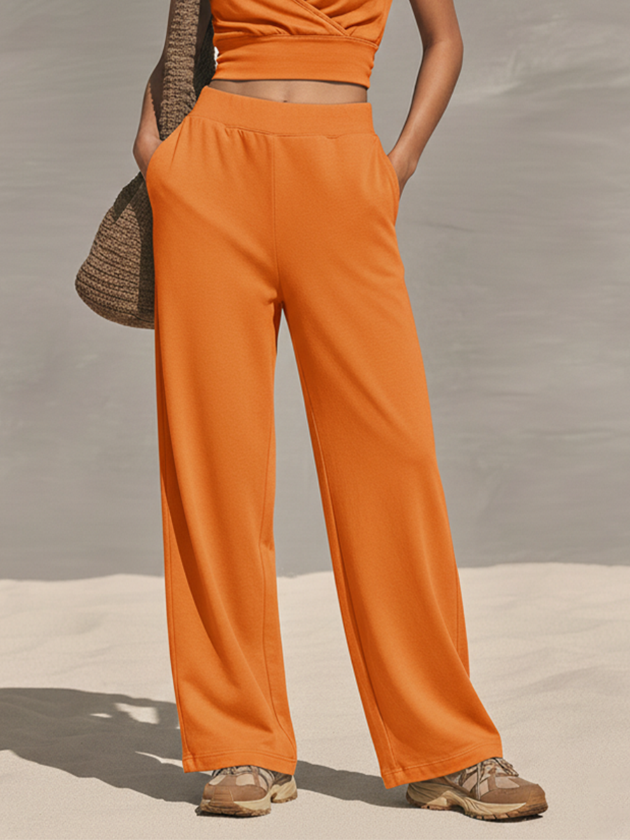 Women's Orange Jersey Two-Piece Set With Wrap Crop Top & Elastic Waist Pants, Timeless Athleisure-Chic Loungewear
