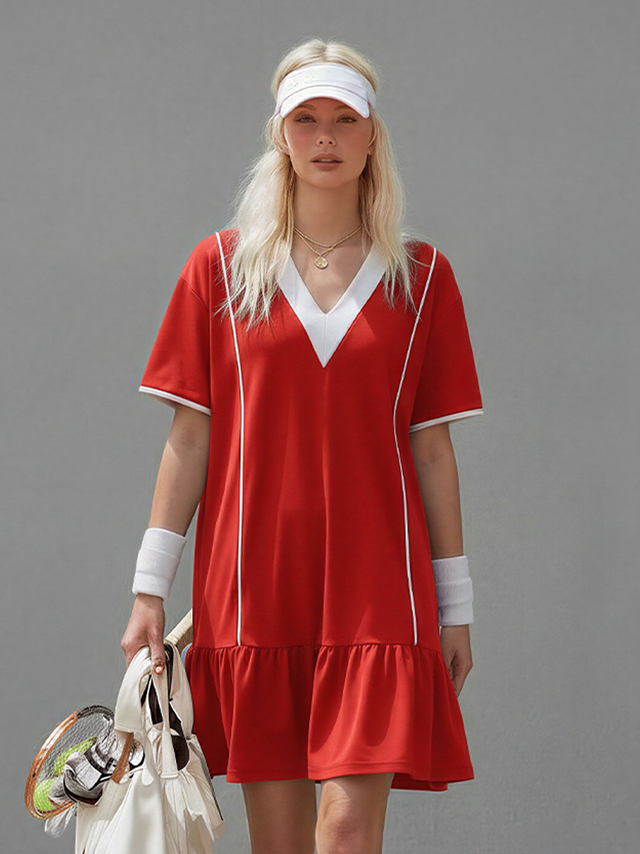 Women's Red & White Knit Tennis Dress With V-Neck & Ruffle Hem, Contemporary Sporty-Chic Tennis Dress
