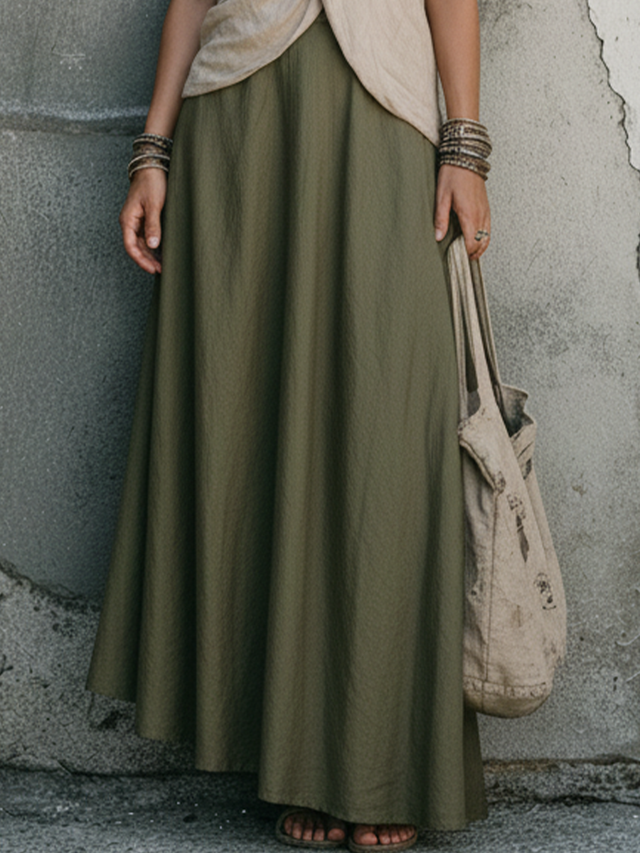 Women's Relaxed-Fit Off-White Cotton-Linen Halter Top And Olive Green Cotton-Linen Midi Skirt Set