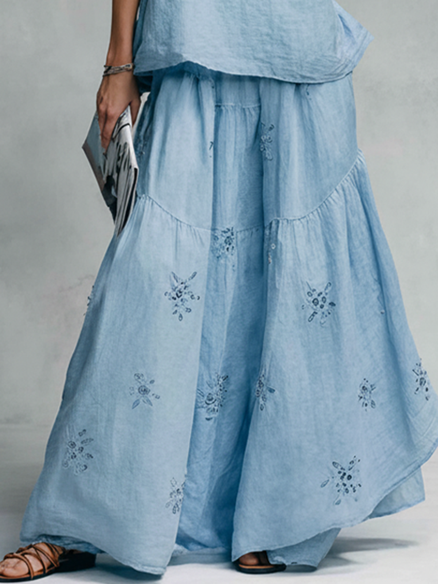 Women's Vacation Light Blue Linen-Cotton Embroidered Ruffle Collar Sleeveless Maxi Dress