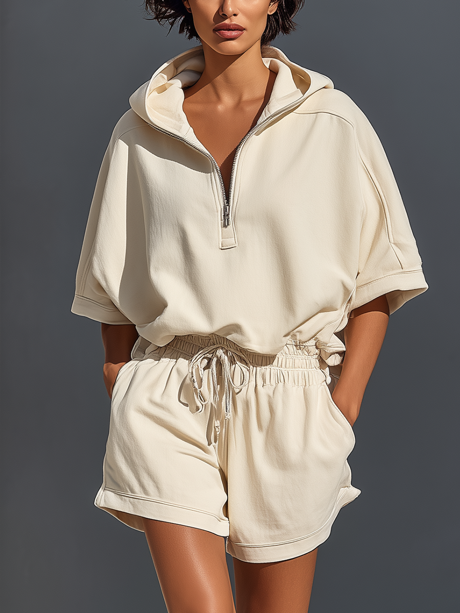 Women’s Off-White Air Layer Two-Piece Set: Half-Zip Short-Sleeve Hoodie & Elastic Waist Drawstring Shorts With Pockets