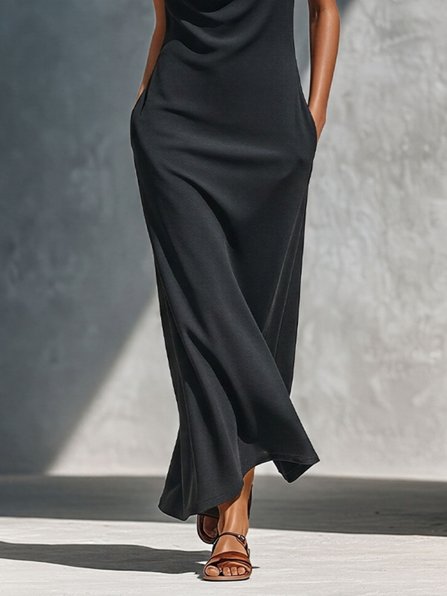 Women’s Black Knitted Fabric Sleeveless Cowl Neck Halter Maxi Dress With Pockets