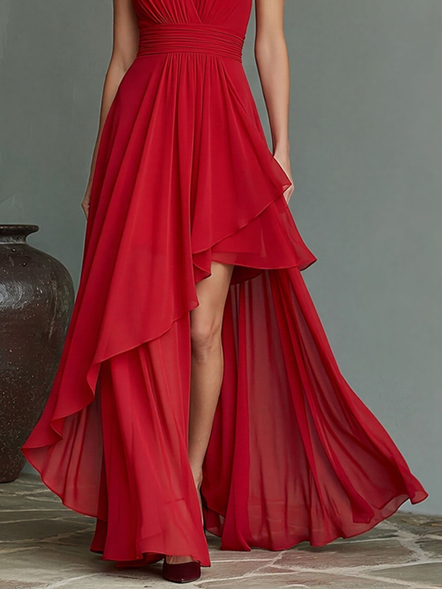 Women's Red Chiffon Halter Maxi Dress With Deep V-Neck & Asymmetric High-Low Hem, Timeless Formal Evening Gown