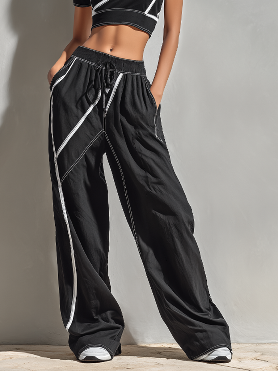 Women's Black & White Stitch Two-Piece Set With Zip Crop Top & Wide-Leg Pants, Timeless Sporty-Chic Athleisure Outfit