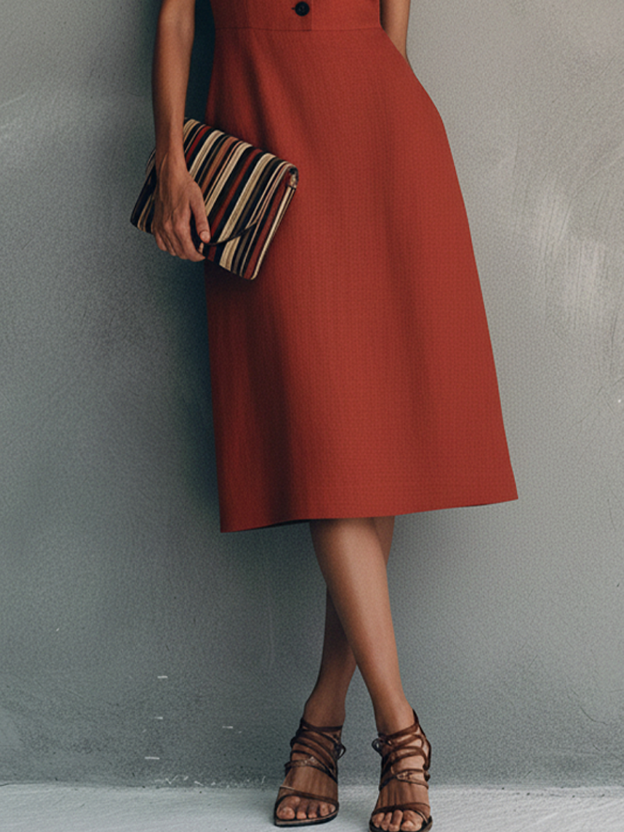 Women's Elegant Red Cotton Linen V-Neck Ruffled Sleeveless Midi Dress With Front Button Design