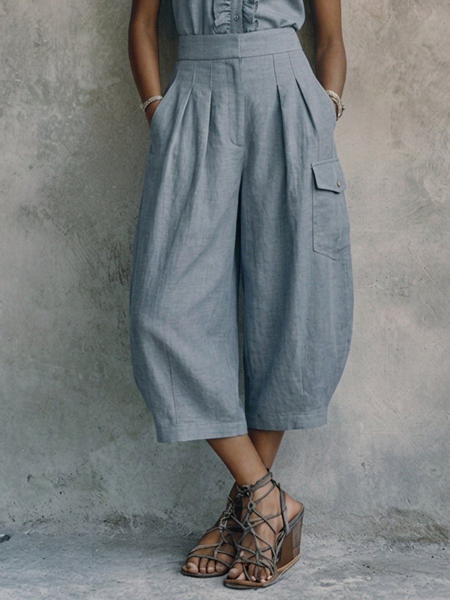 Women's Casual Gray-Blue Cotton Linen Stand-Up Collar Ruffled Button Design Fitted Waist Cropped Wide-Leg Jumpsuit