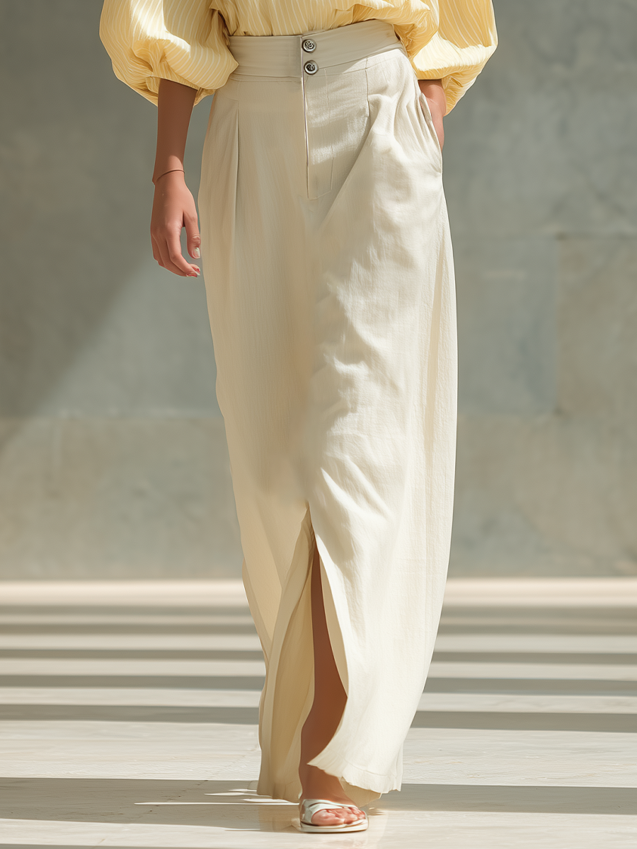 Women’s Yellow Striped Wrap Blouse & Beige High-Waisted Linen Maxi Skirt With Slit Two-Piece Set