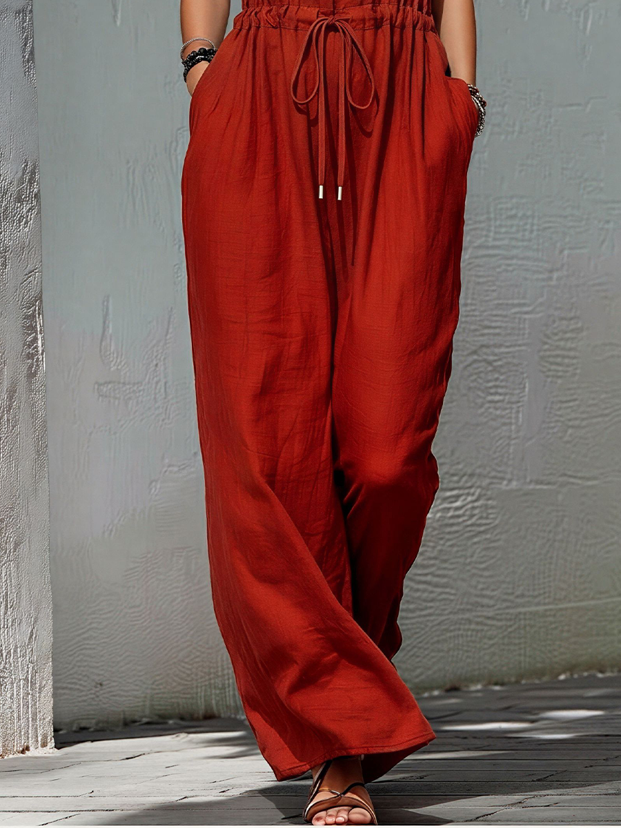 Women’s Rust Red Linen-Blend Halter Neck Drawstring Waist Wide-Leg Jumpsuit With Pockets