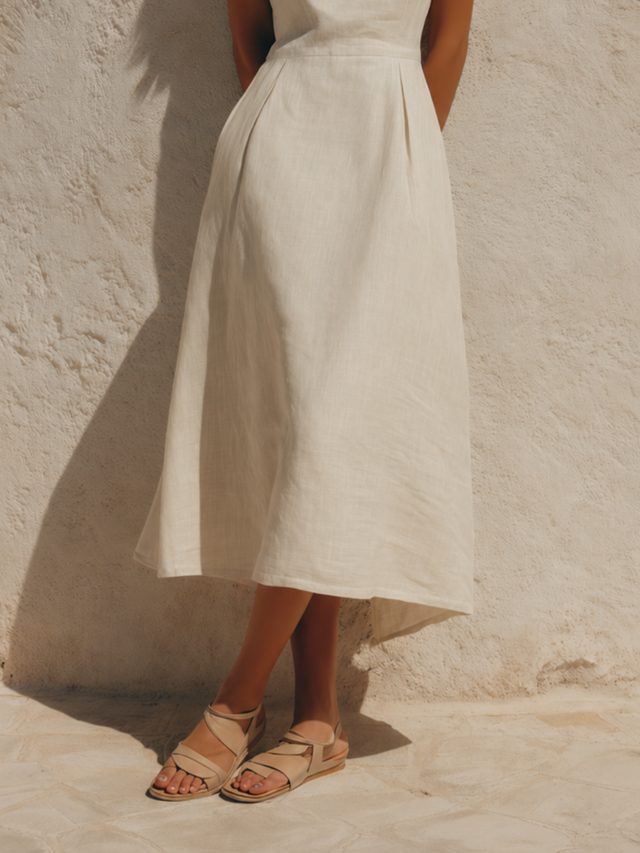 Women's Minimalist White Sleeveless A-Line Cotton-Linen Midi Dress