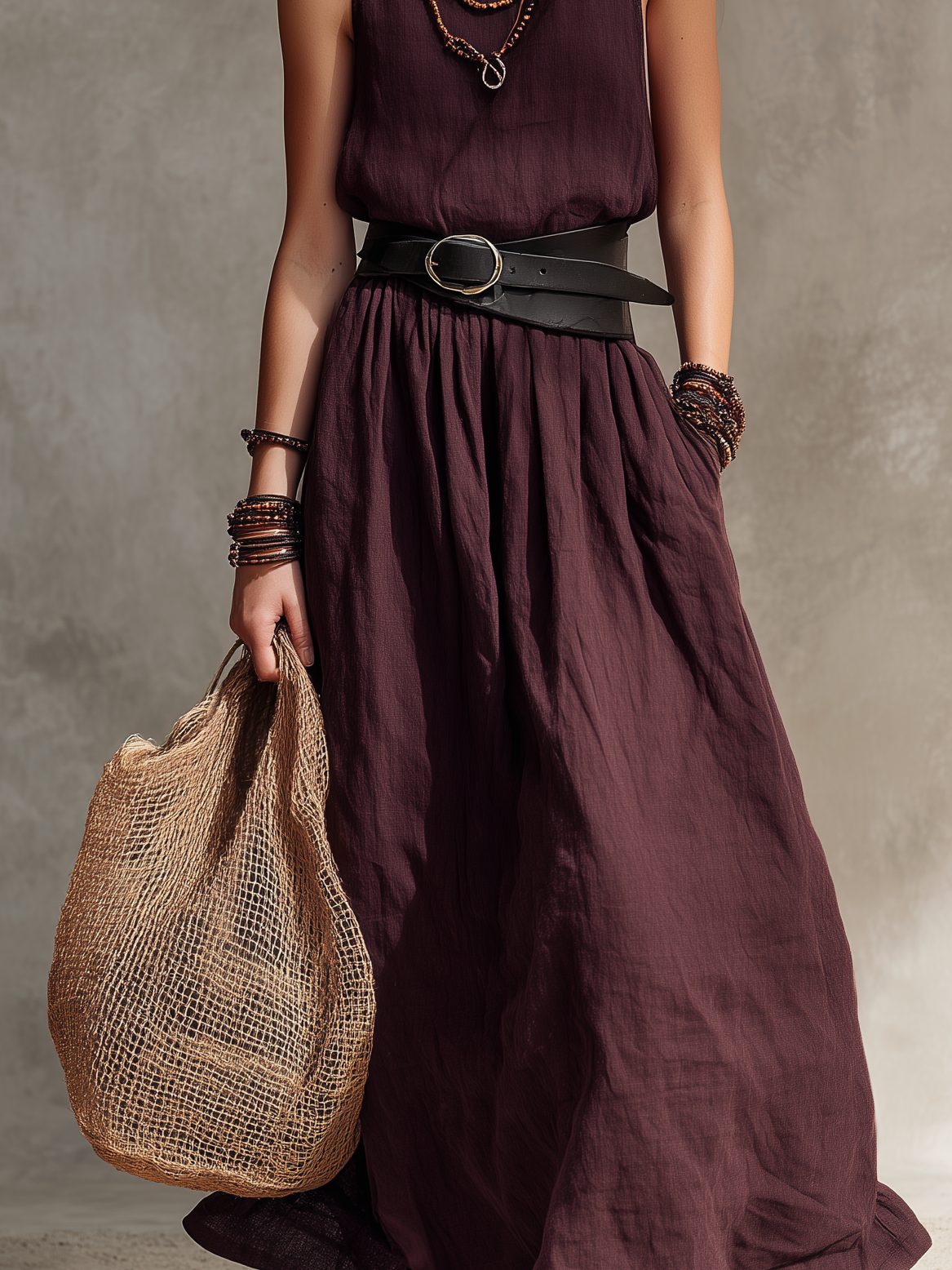 Women's Casual Magenta Cotton-Linen Sleeveless Maxi Dress With Round Neck (Belt Not Included)