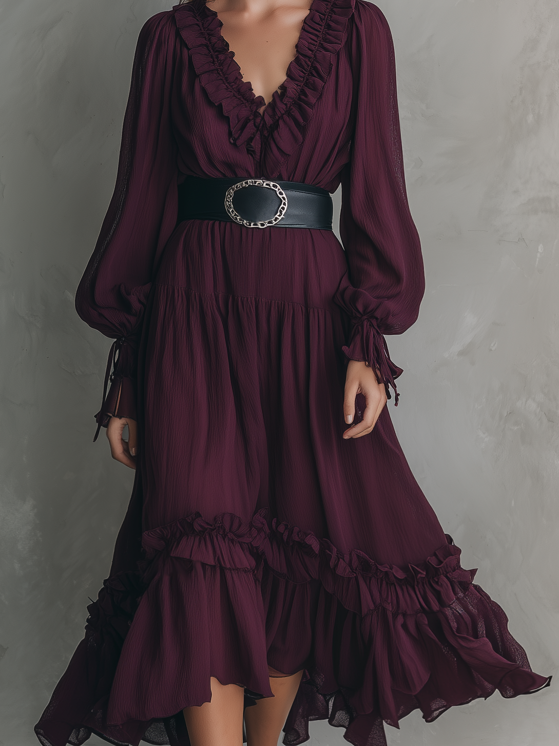 Women's Casual Fuchsia Chiffon V-Neck Long-Sleeve Midi Dress (Belt Not Included)