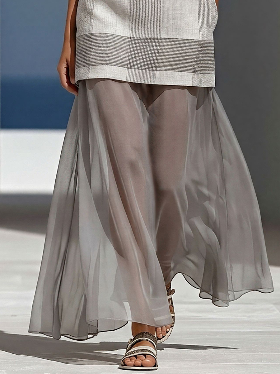 Women’s Grey Plaid Sleeveless Tunic Top & Sheer Chiffon Maxi Skirt Two-Piece Set