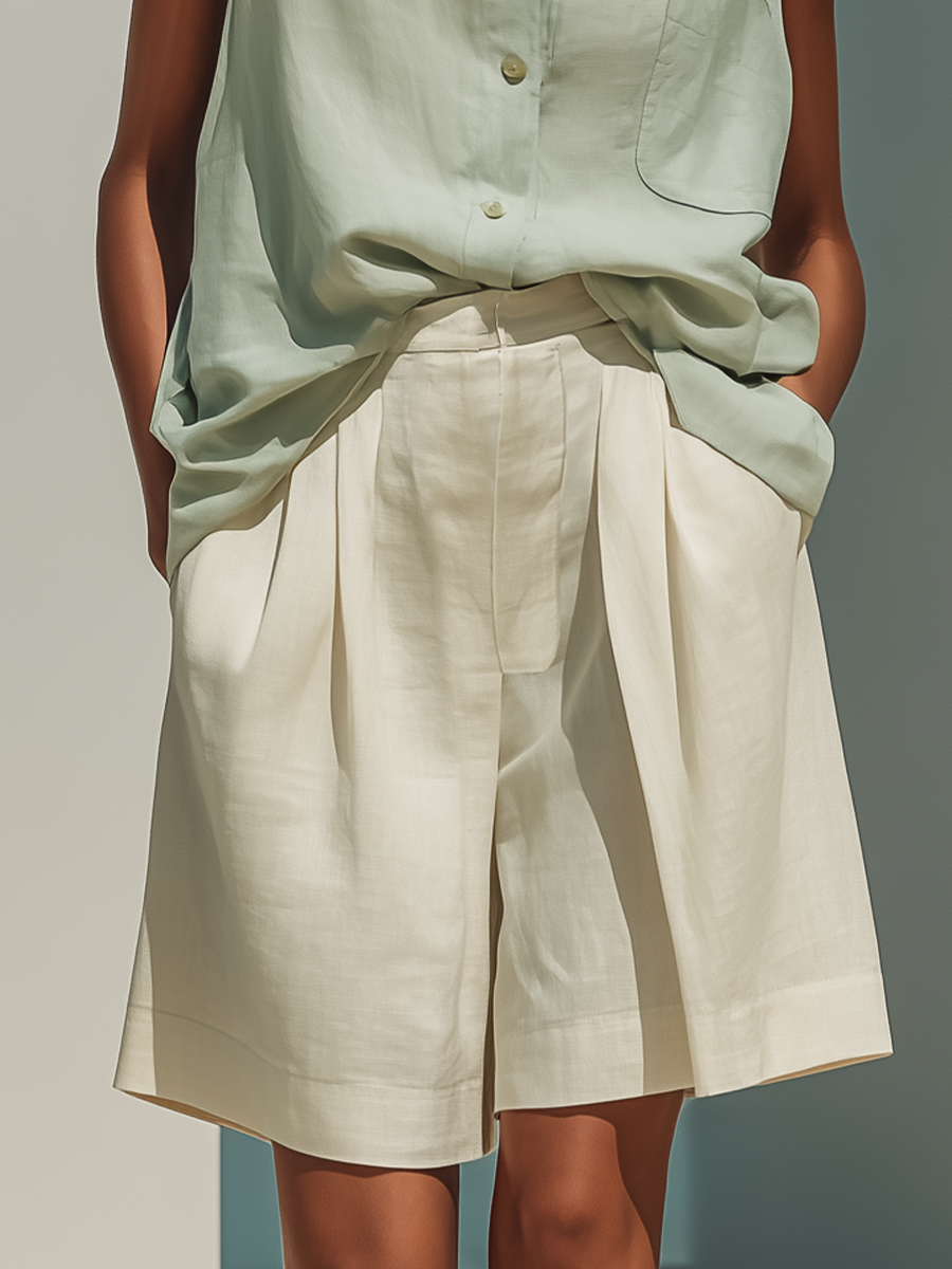 Women’s Mint Green Sleeveless Stand-Collar Linen Shirt & Beige Pleated Wide-Leg Shorts Two-Piece Set