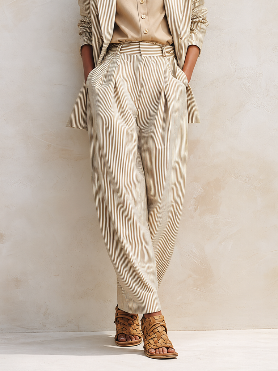 Women's Vintage-Style Simple & Elegant Cotton-Linen Suit Set — Khaki Striped, Peak Lapel, Long Sleeve Jacket & Trousers