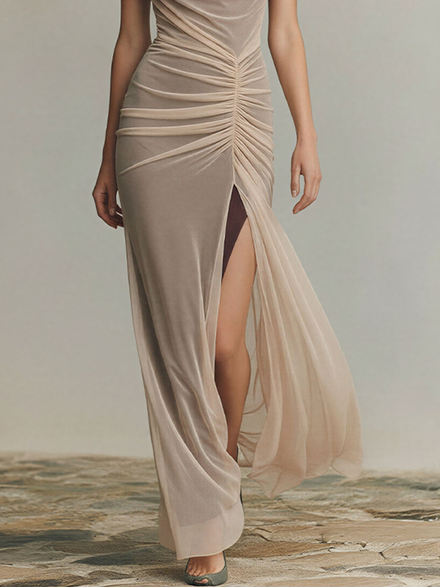 Women's Nude Mesh Maxi Dress With Cowl Neck & Ruched Front, Timeless Elegant Evening Gown