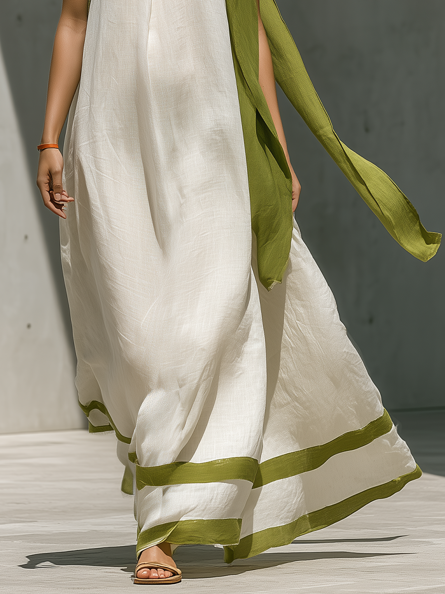 Women’s White Linen-Blend Halter Neck Maxi Dress With Green Contrast Trim & Tie Detail