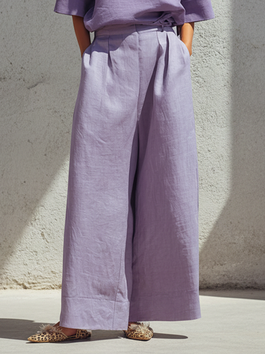 Women's Minimalist Purple Linen-Cotton Blend Loose Crew Neck Top And High-Waisted Wide-Leg Pants Set