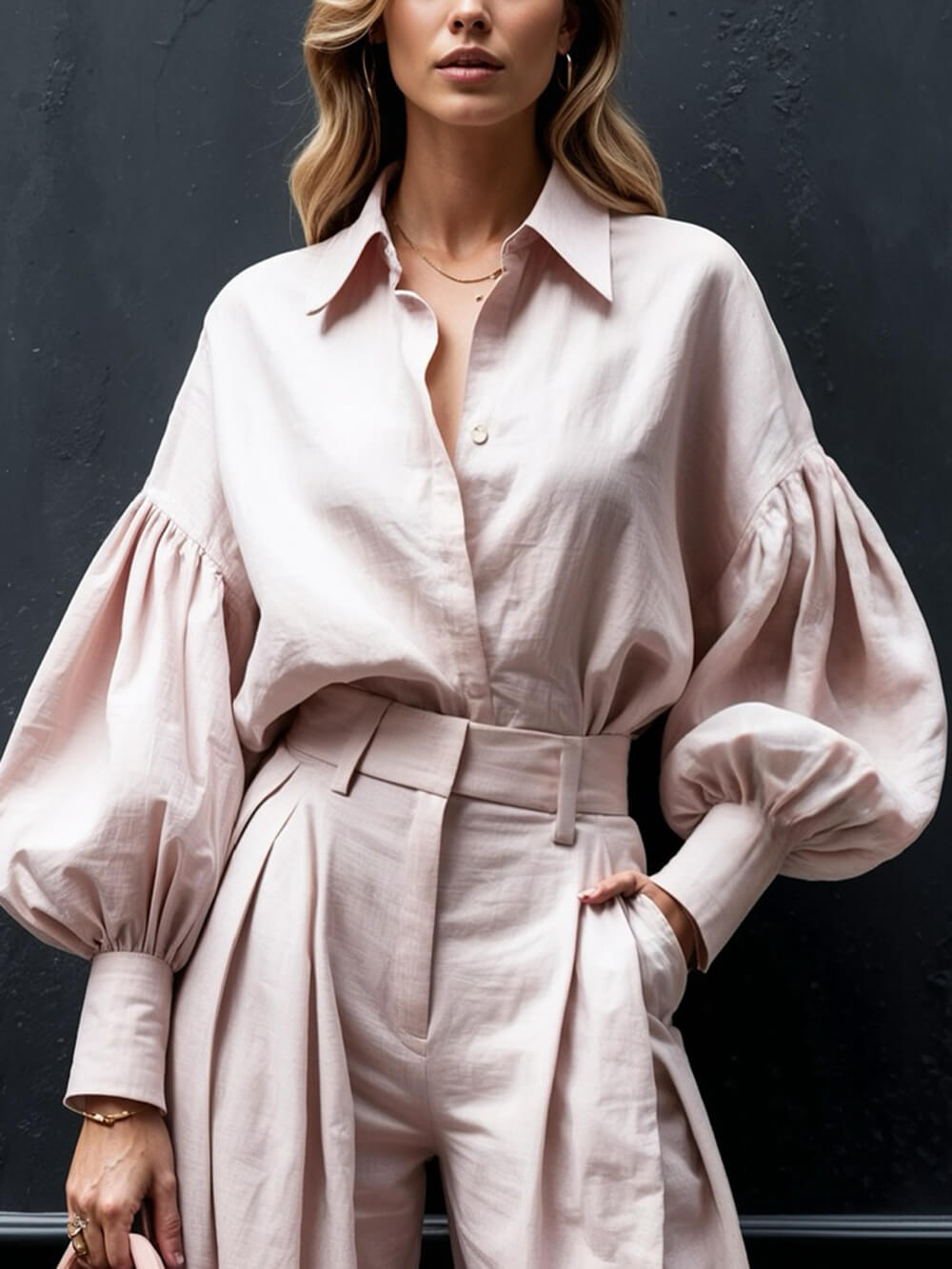 Fashionable Casual Solid Color Lantern Sleeve Loose Button-Down Oversized Shirt