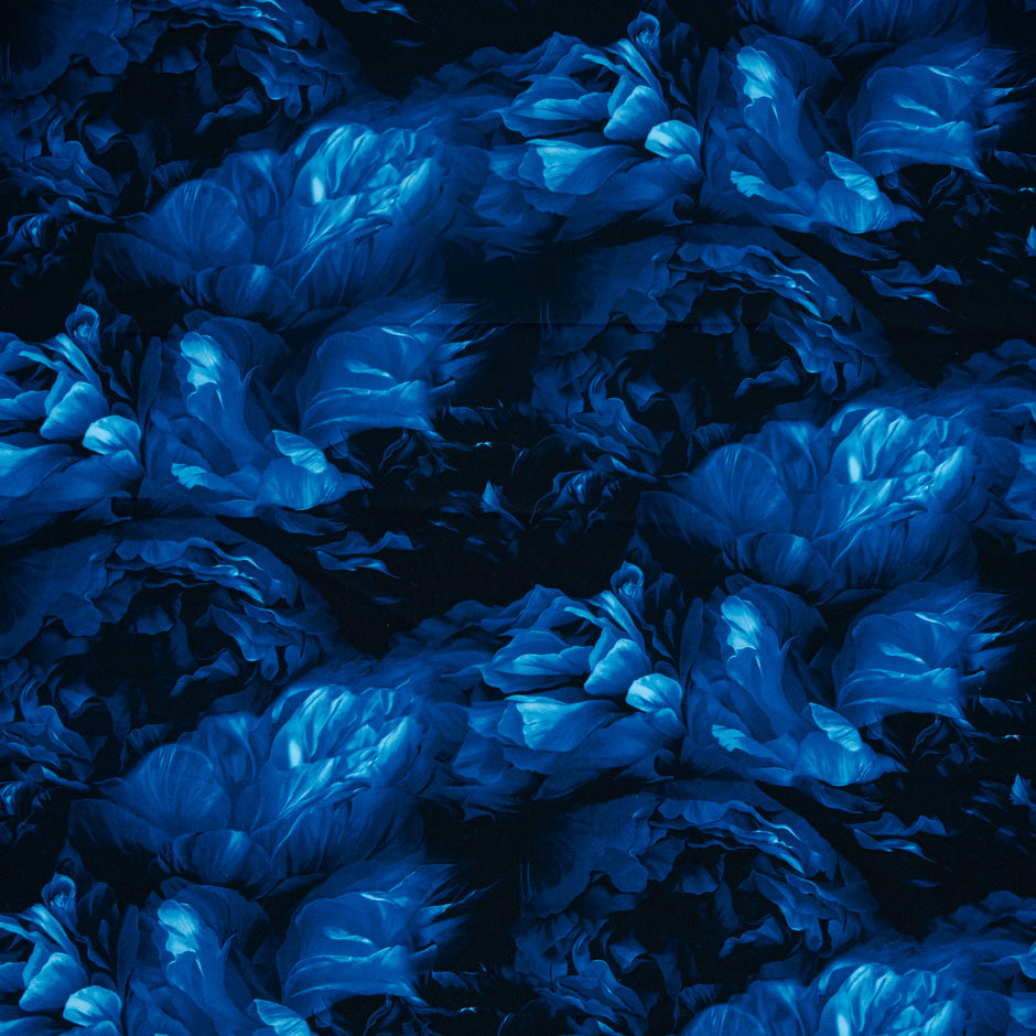 Dark Blue Floral Printed Pure Silk Marocain Crêpe