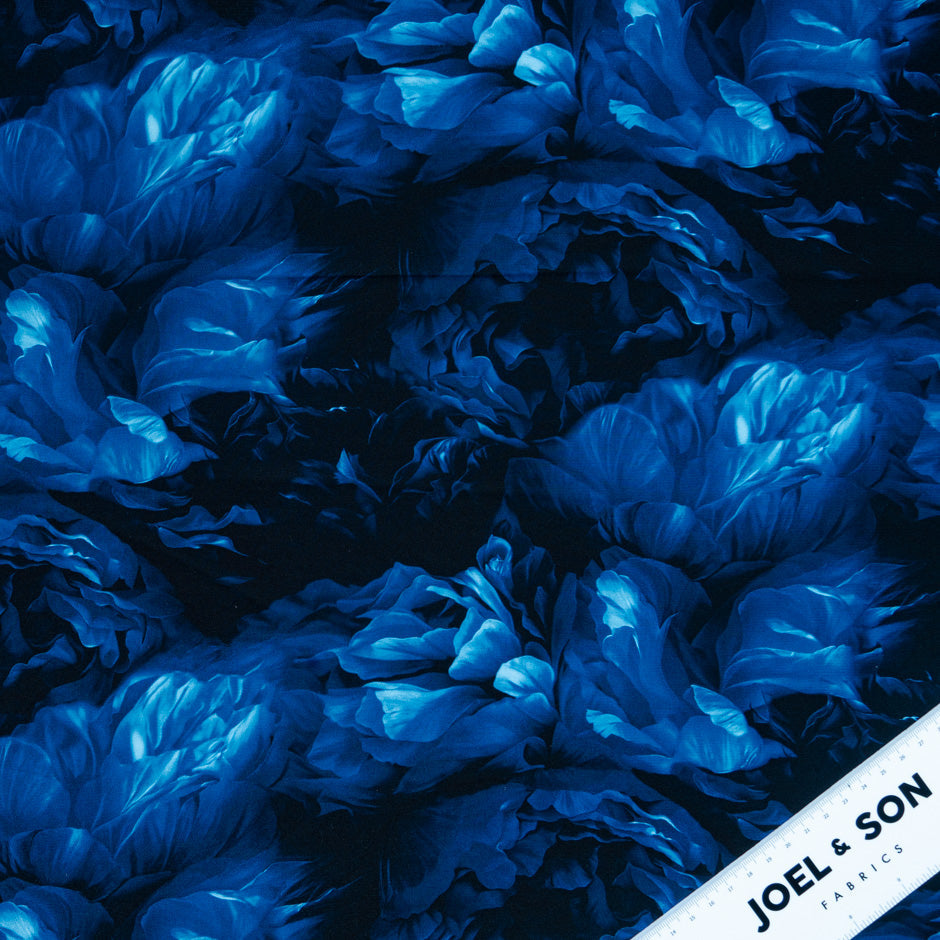 Dark Blue Floral Printed Pure Silk Marocain Crêpe