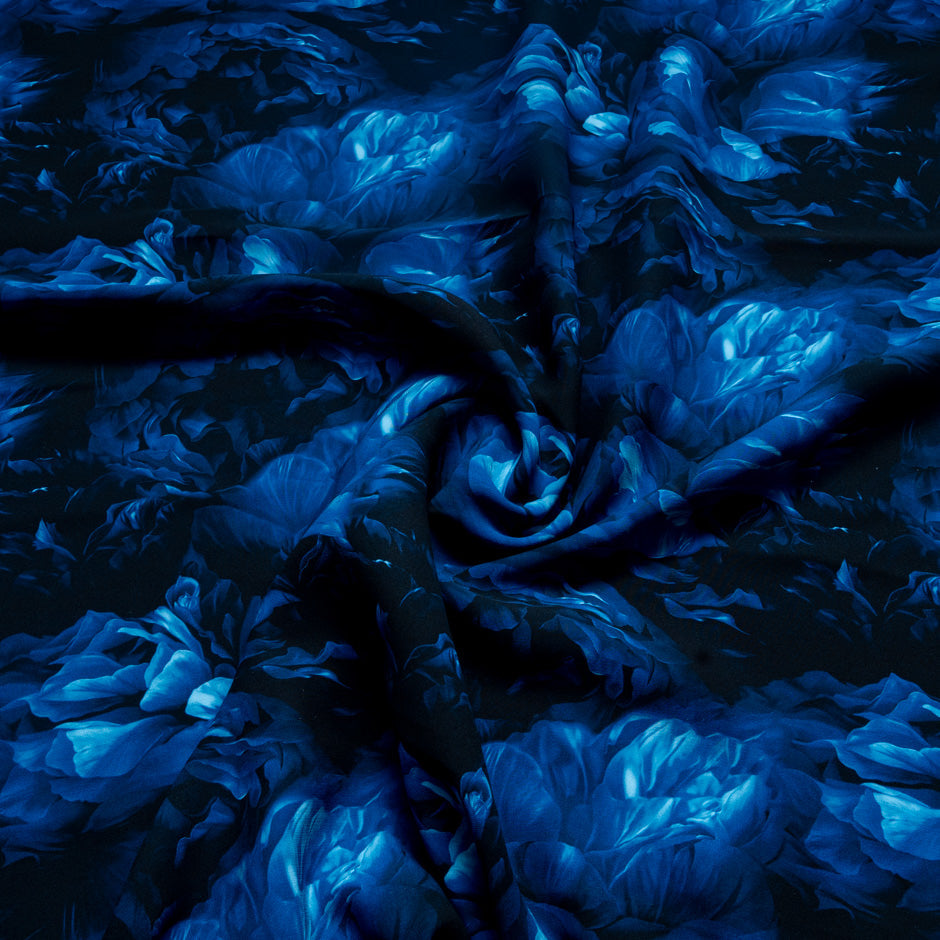 Dark Blue Floral Printed Pure Silk Marocain Crêpe